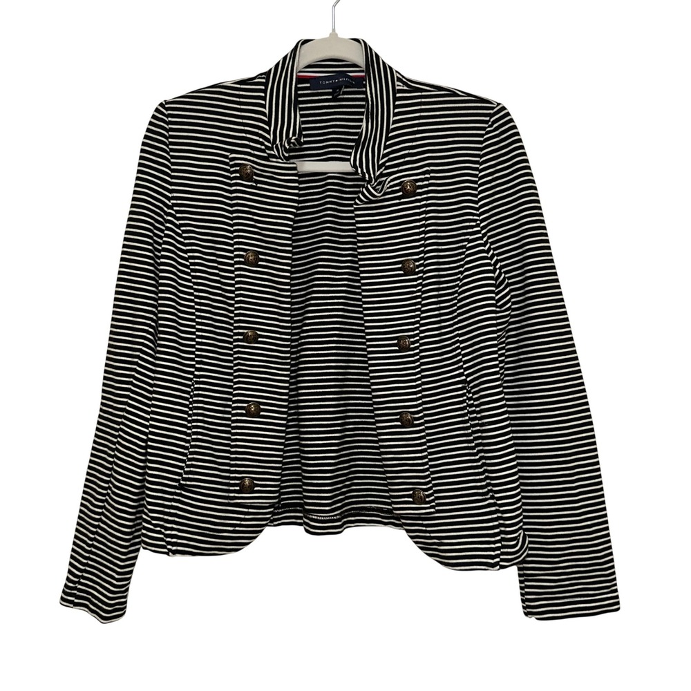Tommy Hilfiger Knit Blazer Womens Medium Black White Striped Military Cardigan‎